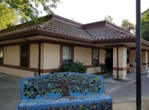 By the 7th St. entrance, the Davis Senior Center's community-built mosaic bench echoes our logo. That was purely accidental, but we like it!